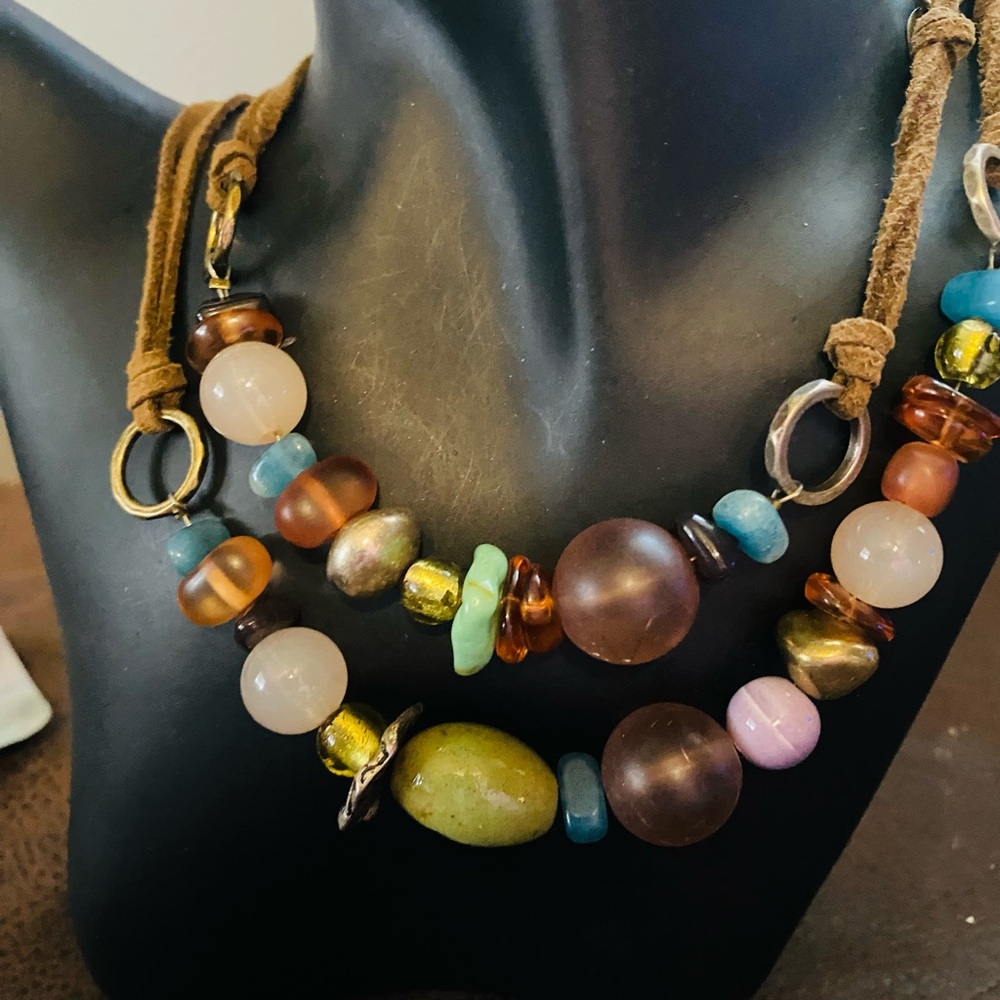 Coldwater Creek Multicolor Beaded Suede Cord long single 36” Necklace & Earrings